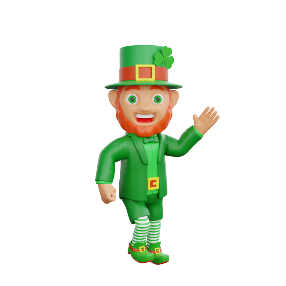 3D illustration of St. Patrick's Day character leprechaun waves hello while dancing png