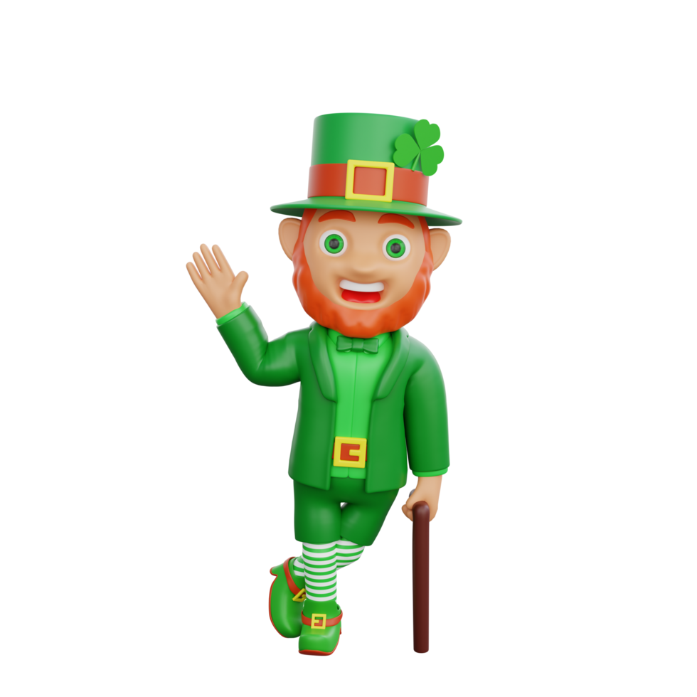 3D illustration of St. Patrick's Day character leprechaun waving hello while holding a cane png