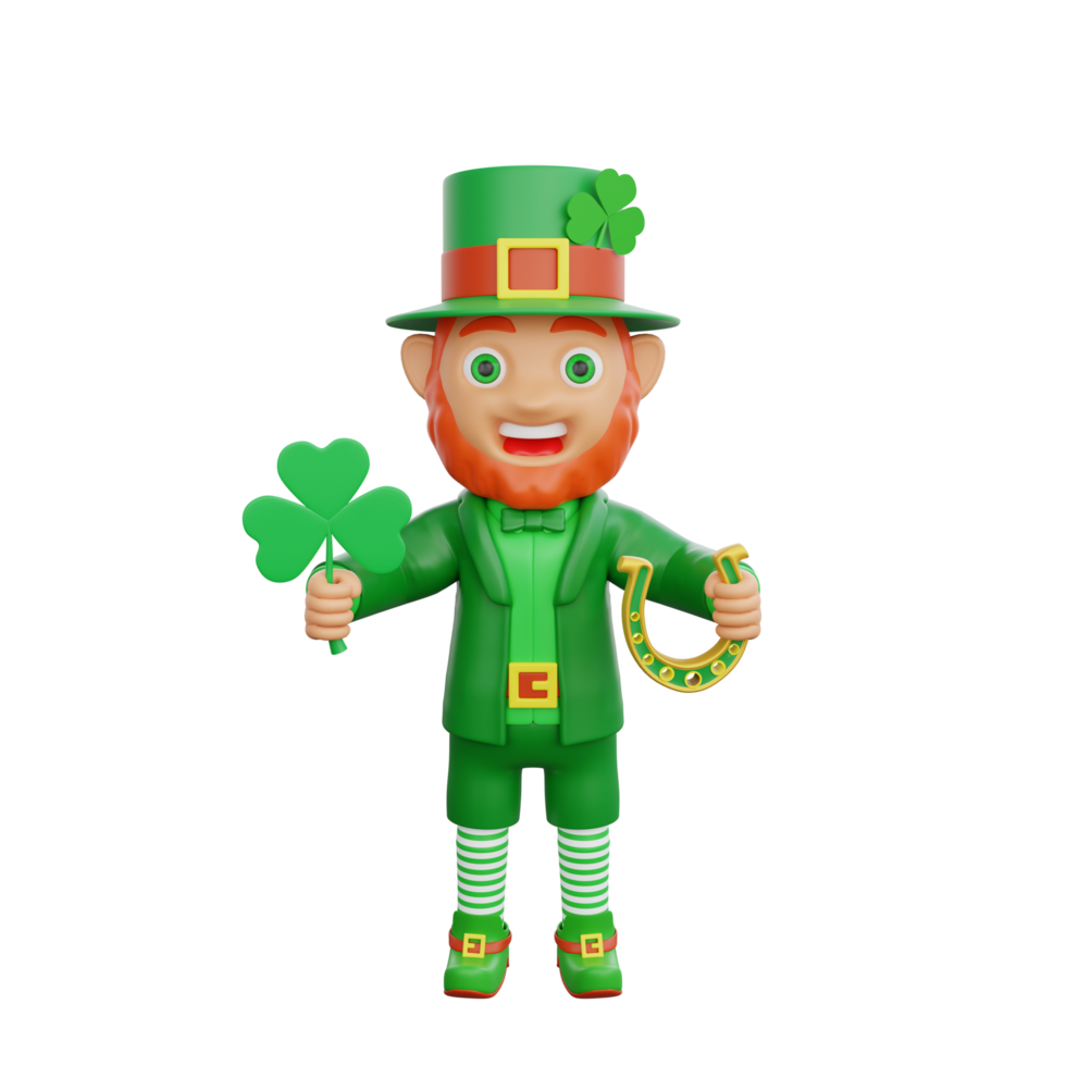 3D illustration of St. Patrick's Day character leprechaun holding a lucky clover and a golden horseshoe png