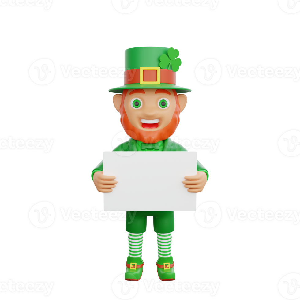 3D illustration of St. Patrick's Day character leprechaun holding a blank board sign png