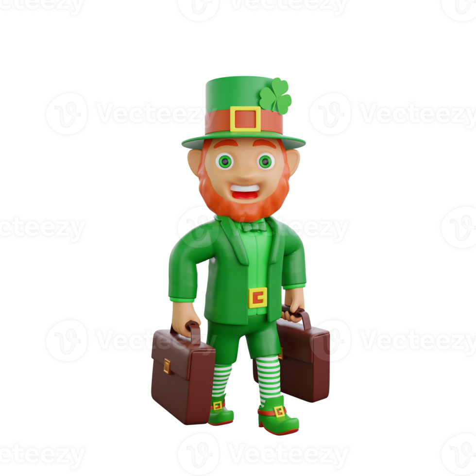 3D illustration of St. Patrick's Day character leprechaun holding two briefcases png