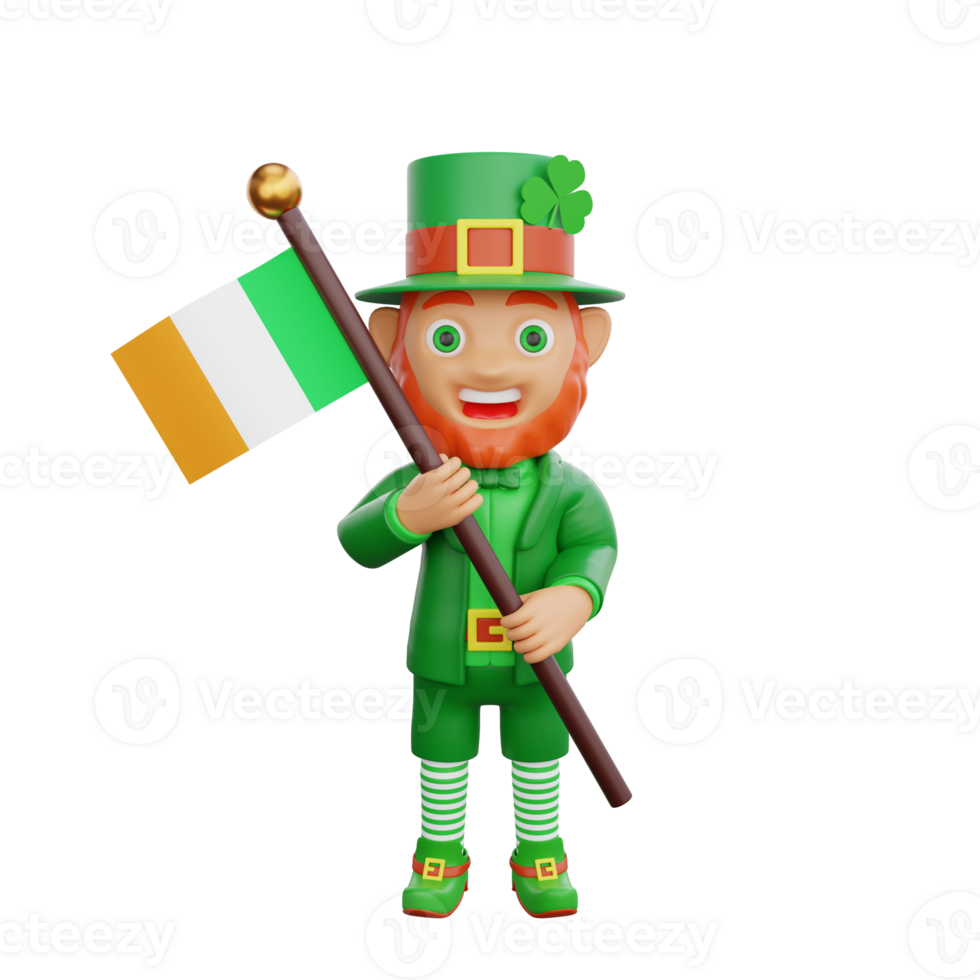 3D illustration of St. Patrick's Day character leprechaun holding the Irish flag png