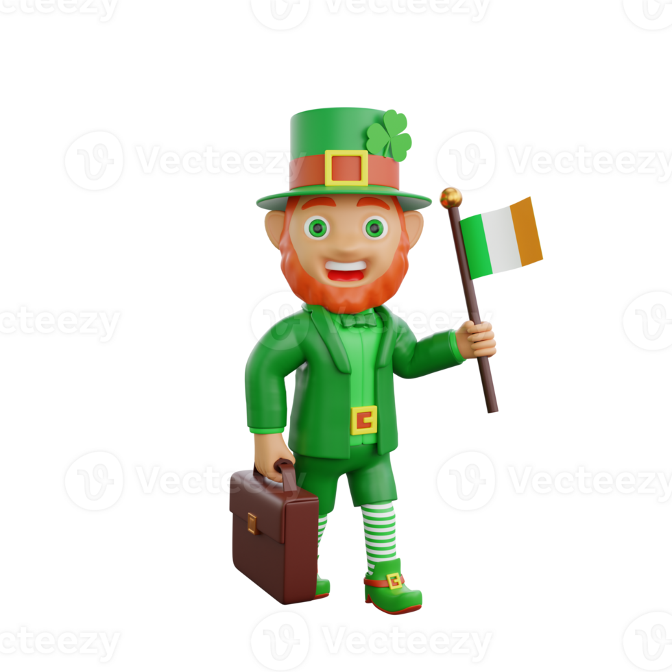 3D illustration of St. Patrick's Day character leprechaun holding Ireland flag and a briefcases png