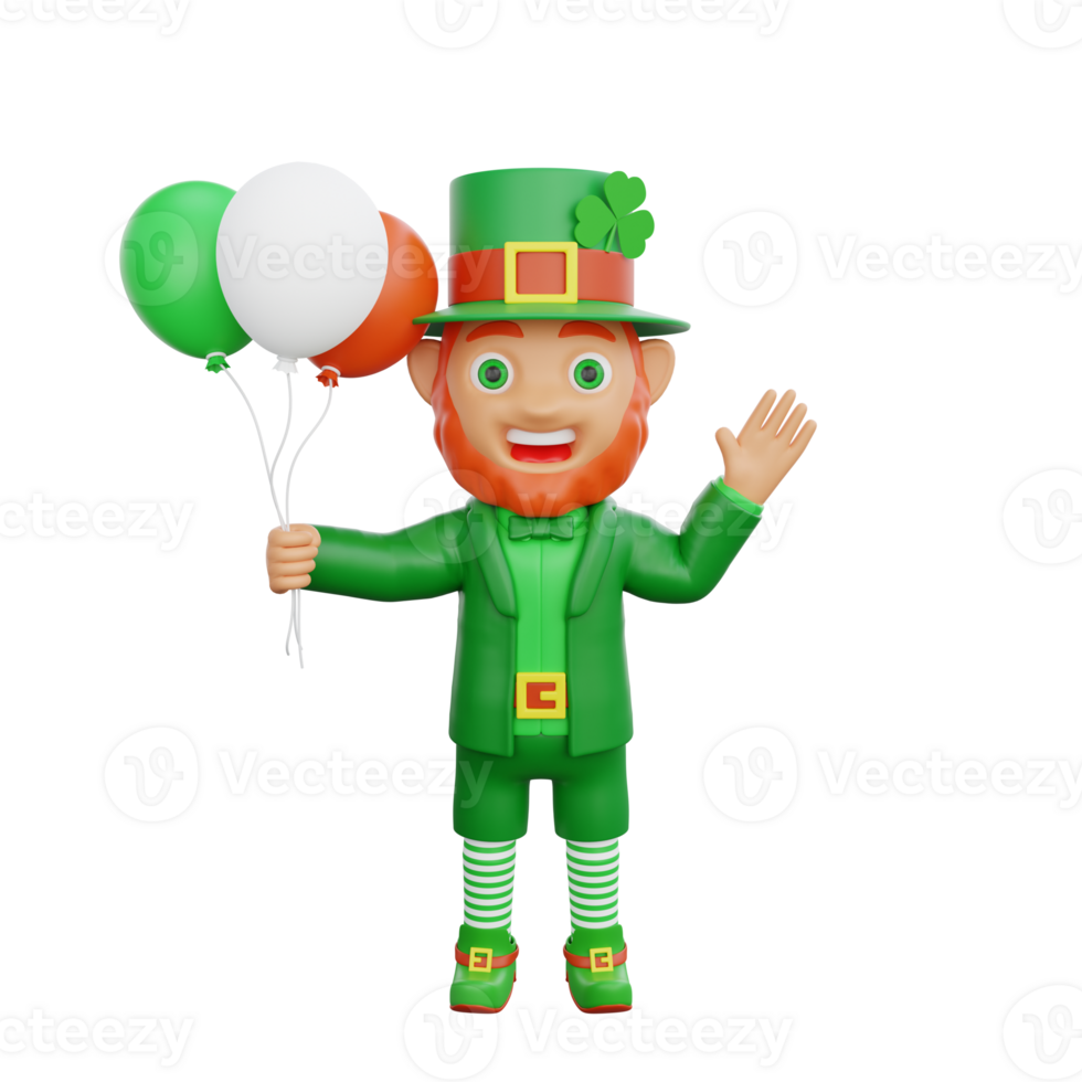3D illustration of St. Patrick's Day character leprechaun waves hello while holding balloons png