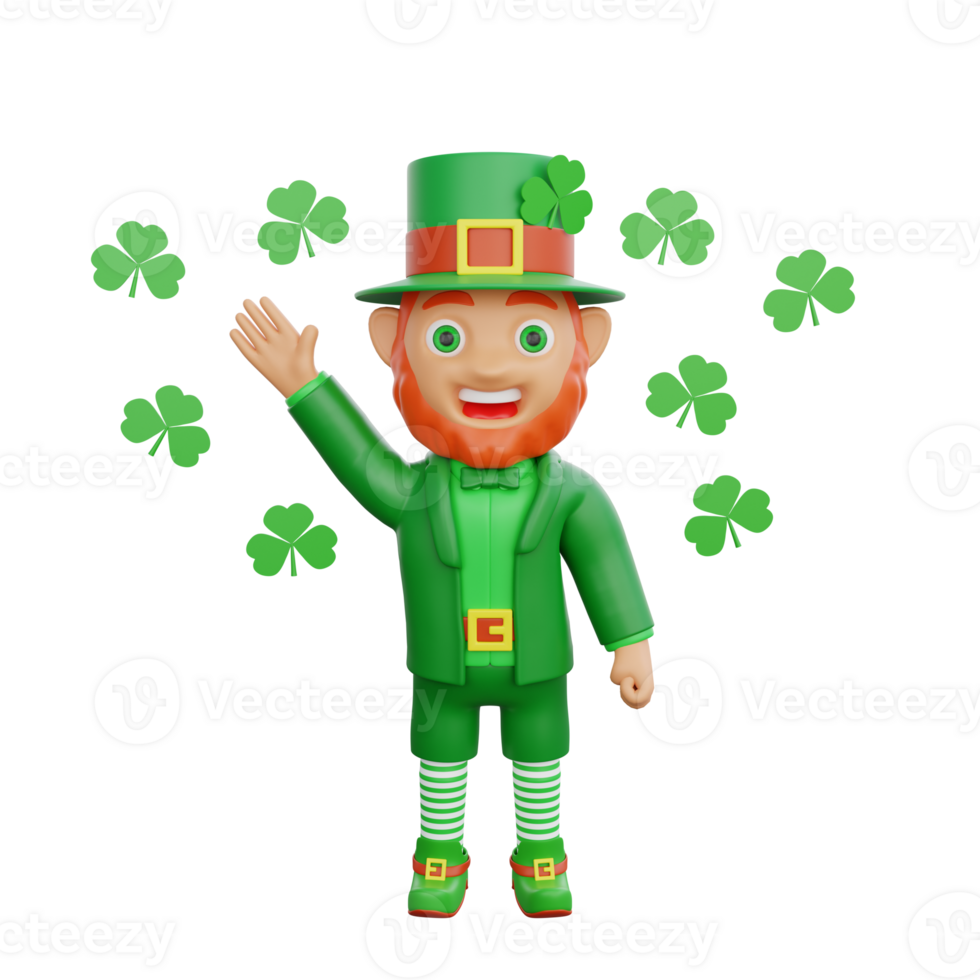 3D illustration of St. Patrick's Day character leprechaun waving while surrounded by clover leaves png