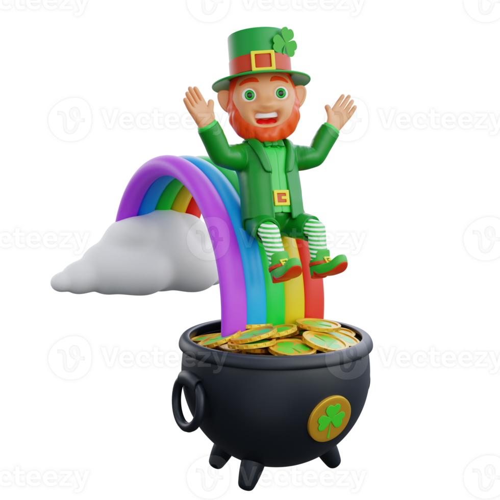 3d ilustração do st. patrick's dia personagem duende saltando sobre uma arco Iris png