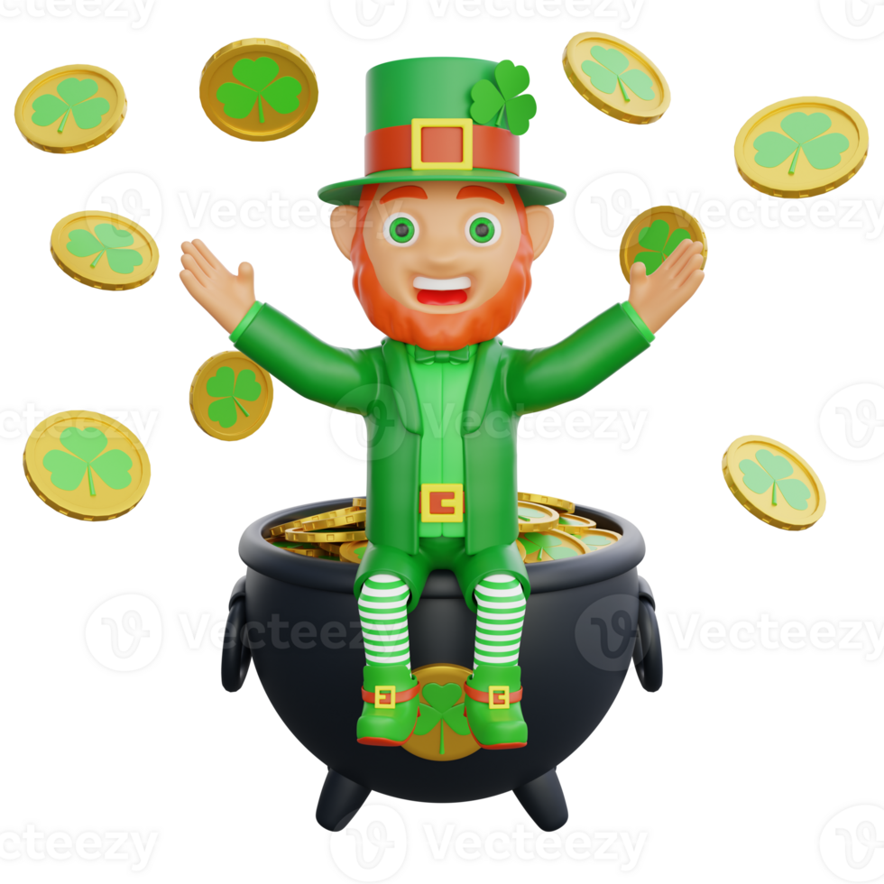 3D illustration of St. Patrick's Day character leprechaun surrounded by golden coins adorned with clovers png