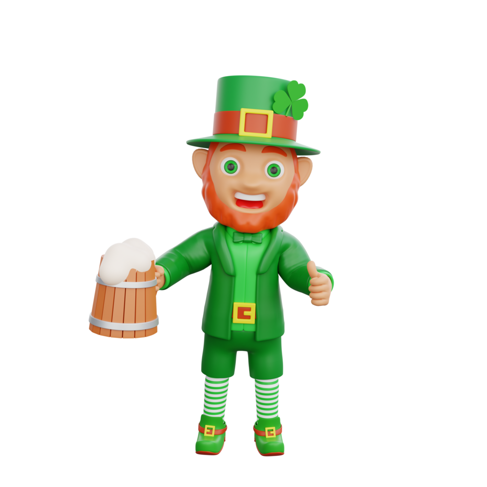 3d illustration av st. Patricks dag karaktär pyssling innehav trä- muggar av öl png