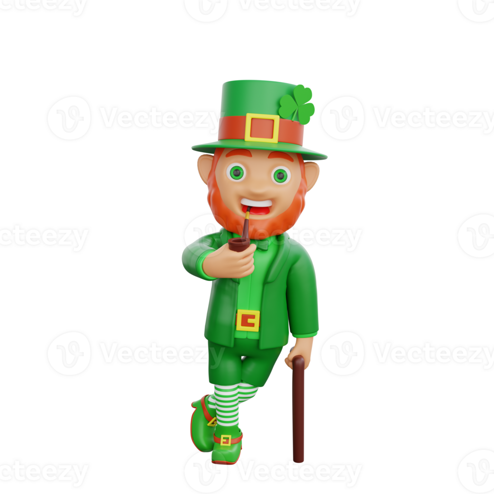 3D illustration of St. Patrick's Day character leprechaun holding a cane and a cigar png