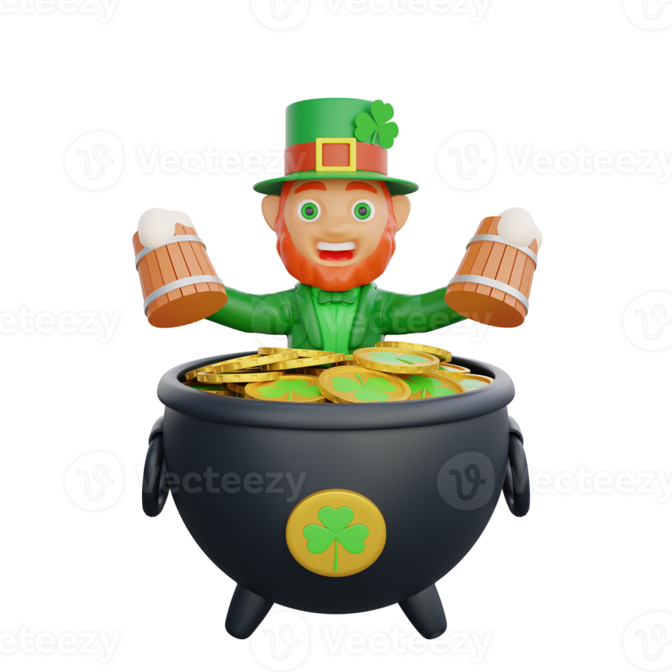 3D illustration of St. Patrick's Day character leprechaun holding two wooden mugs of beer png