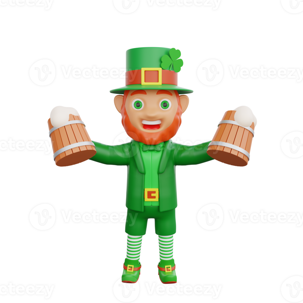 3D illustration of St. Patrick's Day character leprechaun holding two wooden mugs of beer png