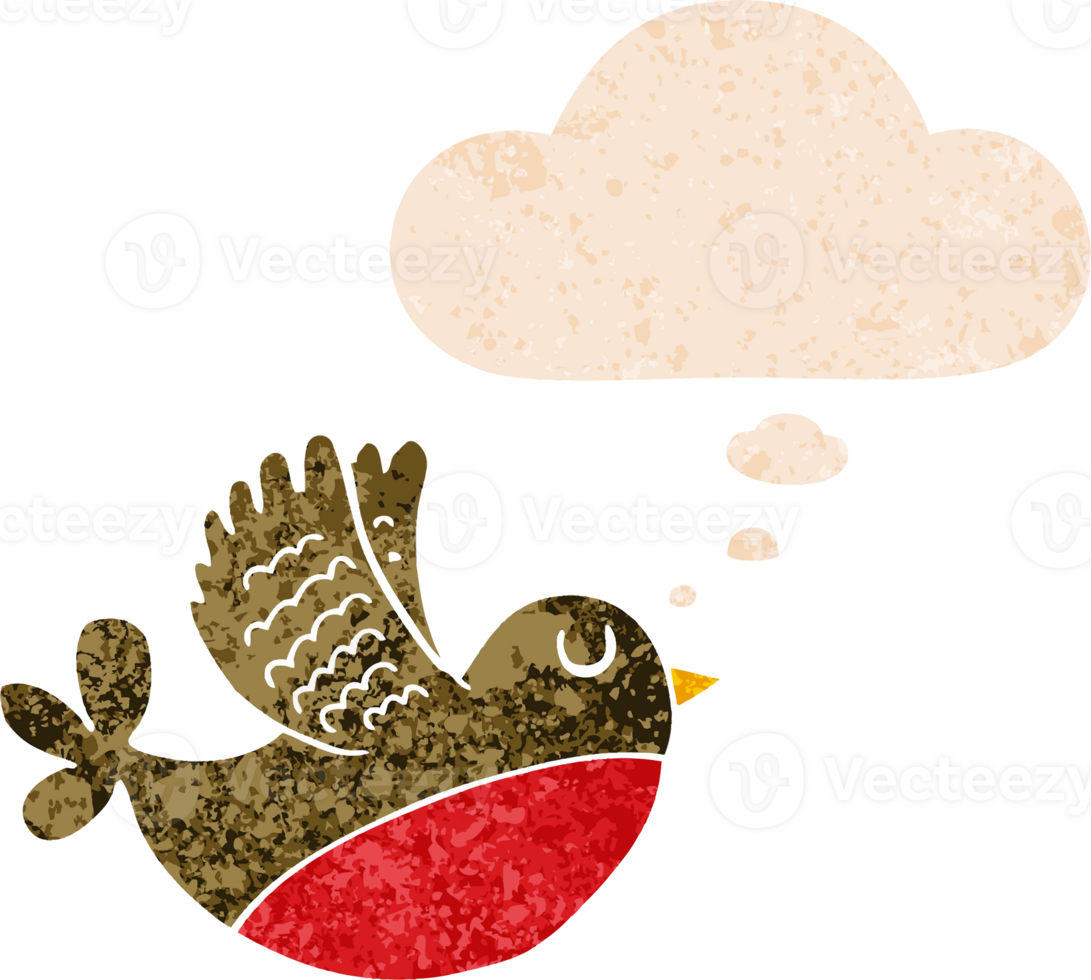 cartoon flying bird and thought bubble in retro textured style png