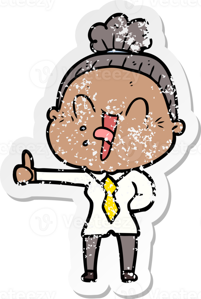distressed sticker of a cartoon happy old woman png