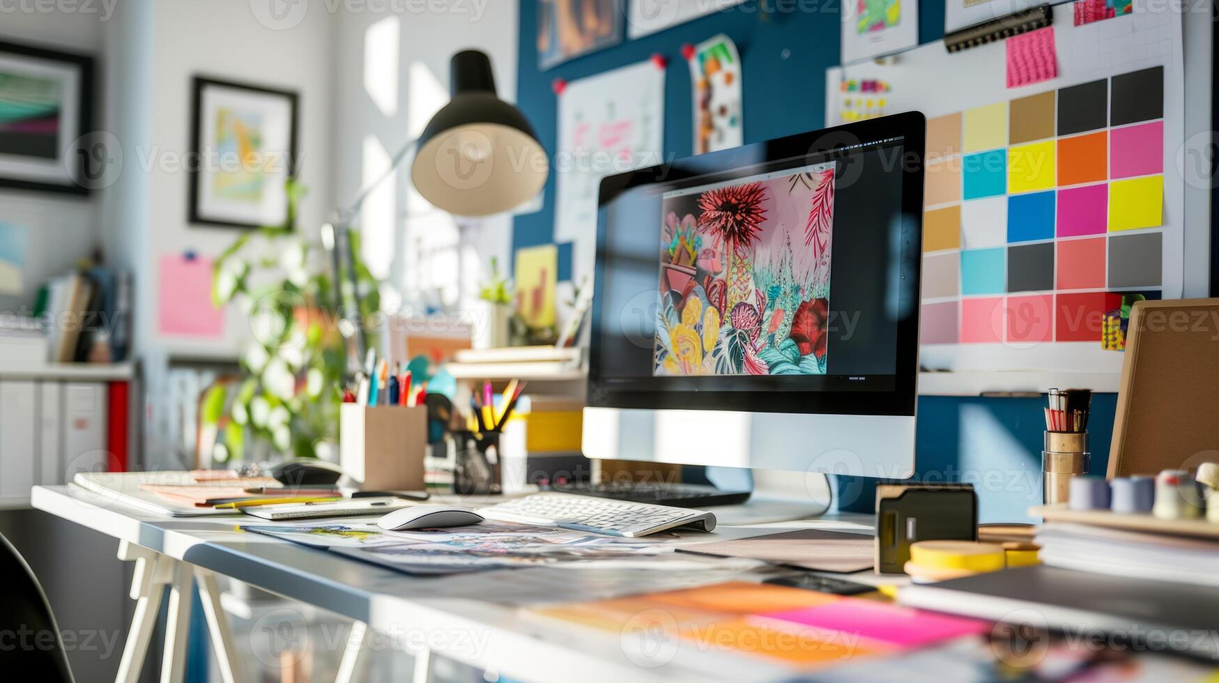 AI generated Designer's Workspace with Color Swatches and Plant Decor photo