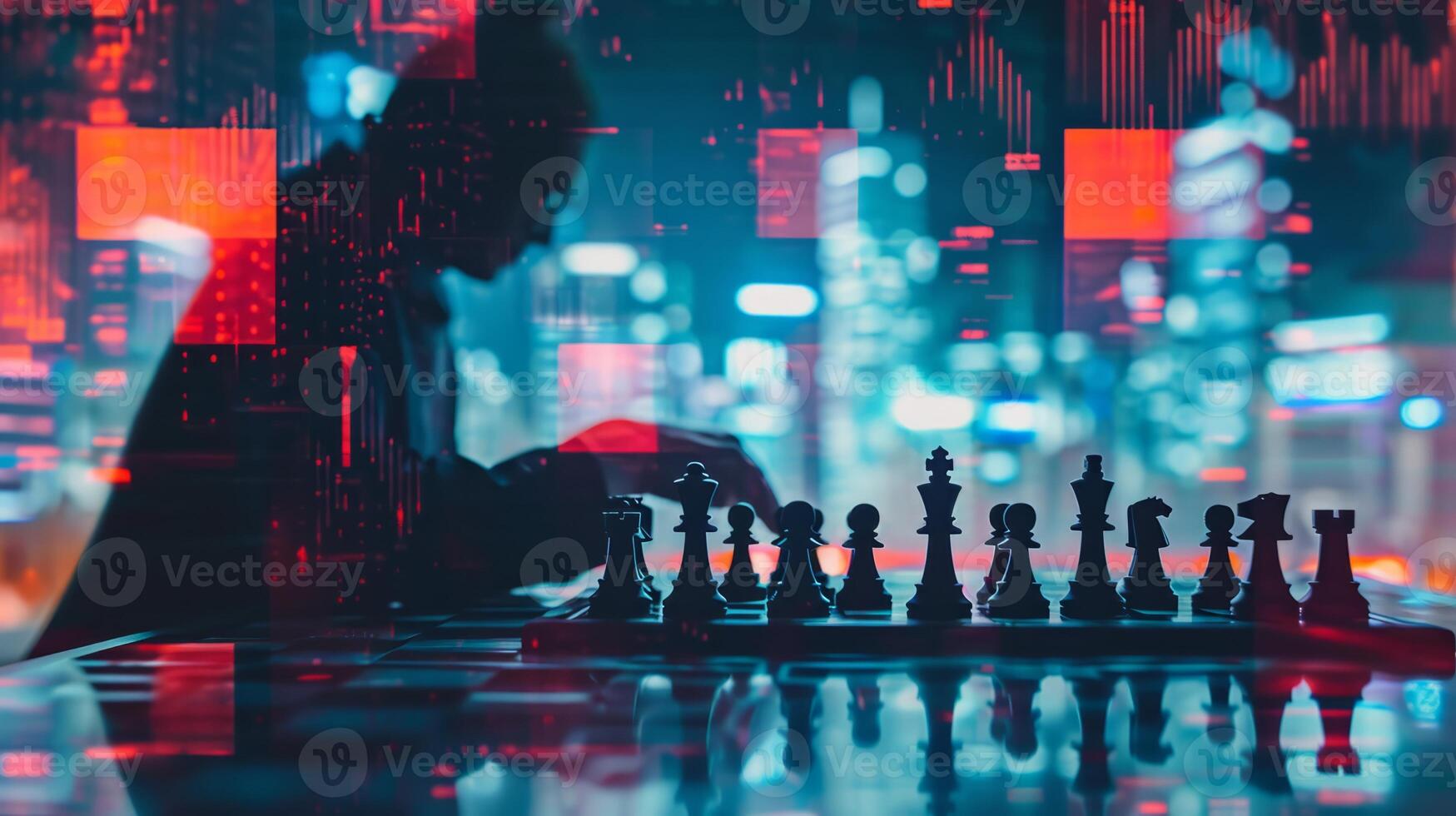 AI generated Strategic Chess Game with a Vibrant Futuristic Cityscape photo