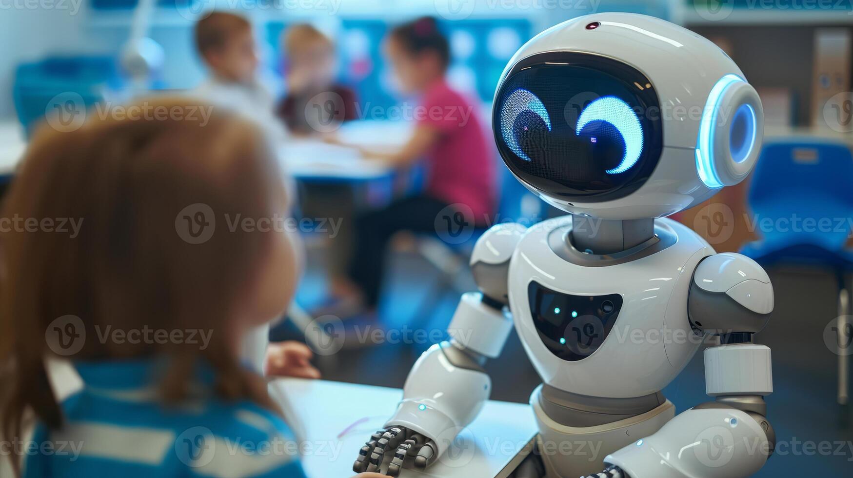 AI generated Futuristic Education Concept with Robot and Child Interaction photo