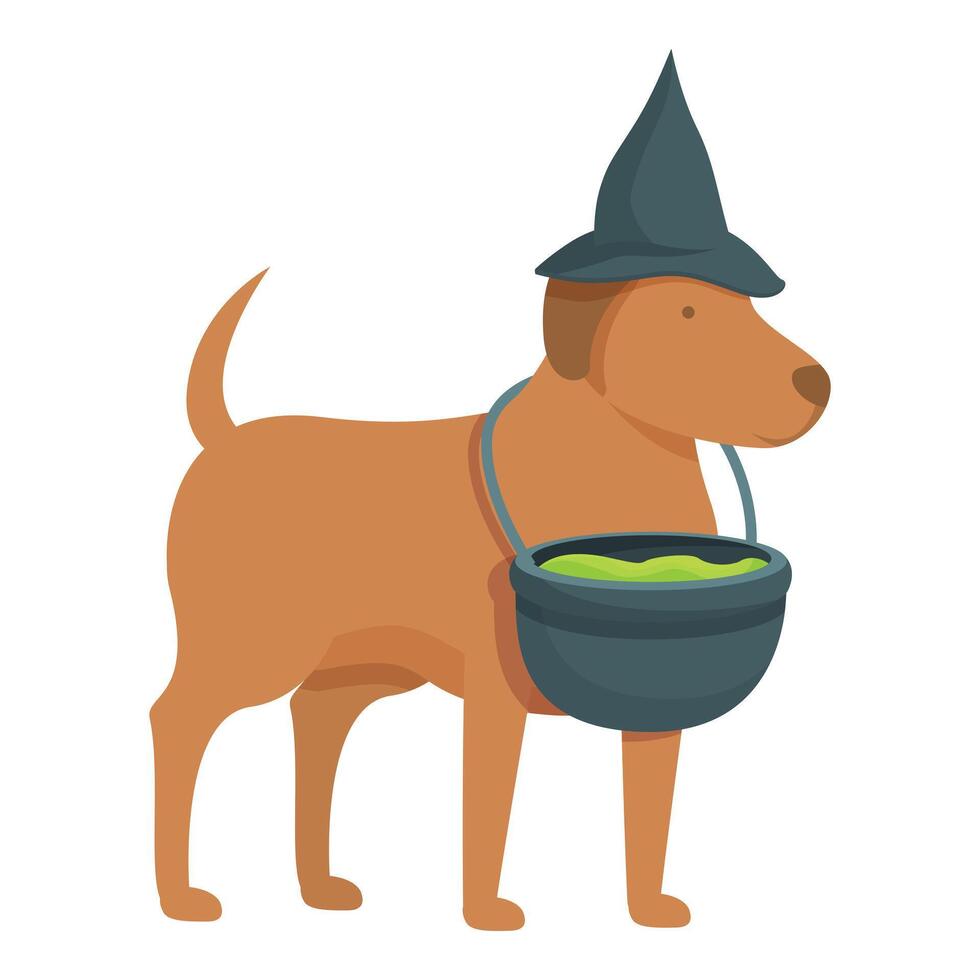 Funny dog witch icon cartoon vector. Green cauldron vector