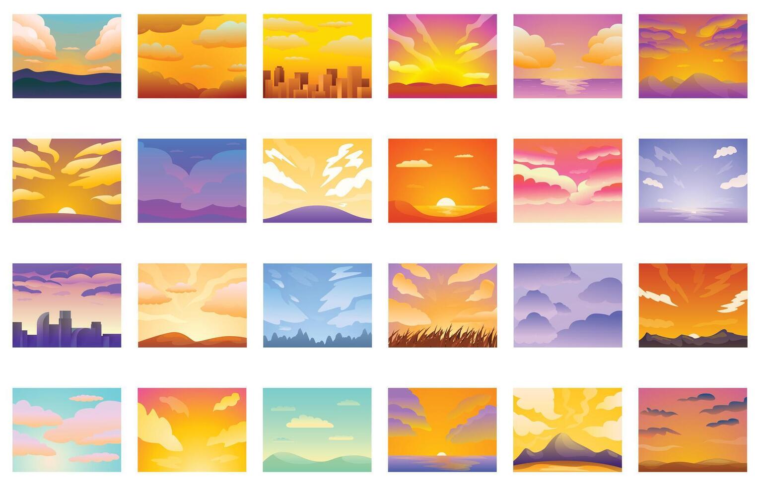 Sunset anime icons set cartoon vector. Sky cloud evening vector