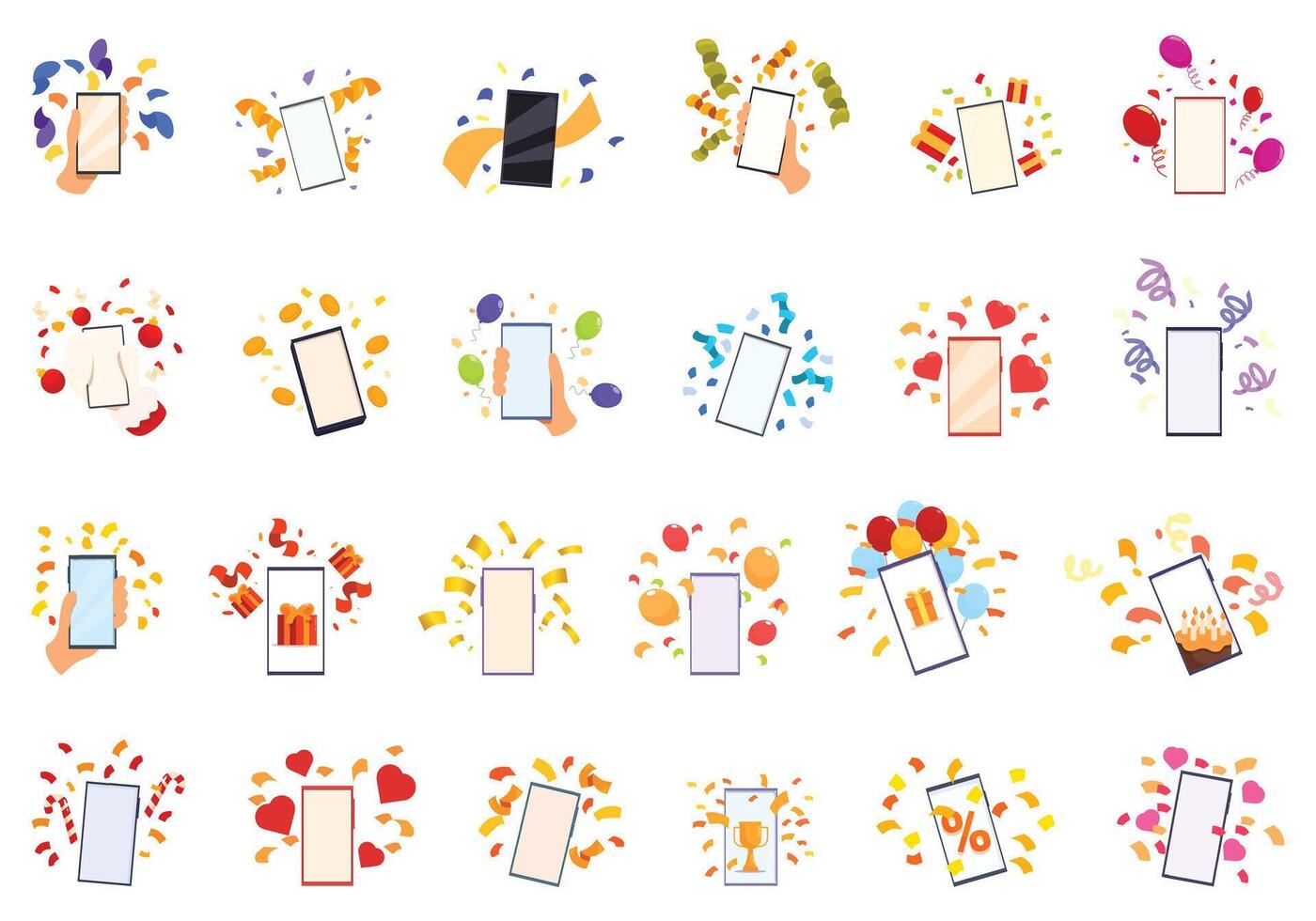 Phone confetti icons set cartoon vector. Party smart vector