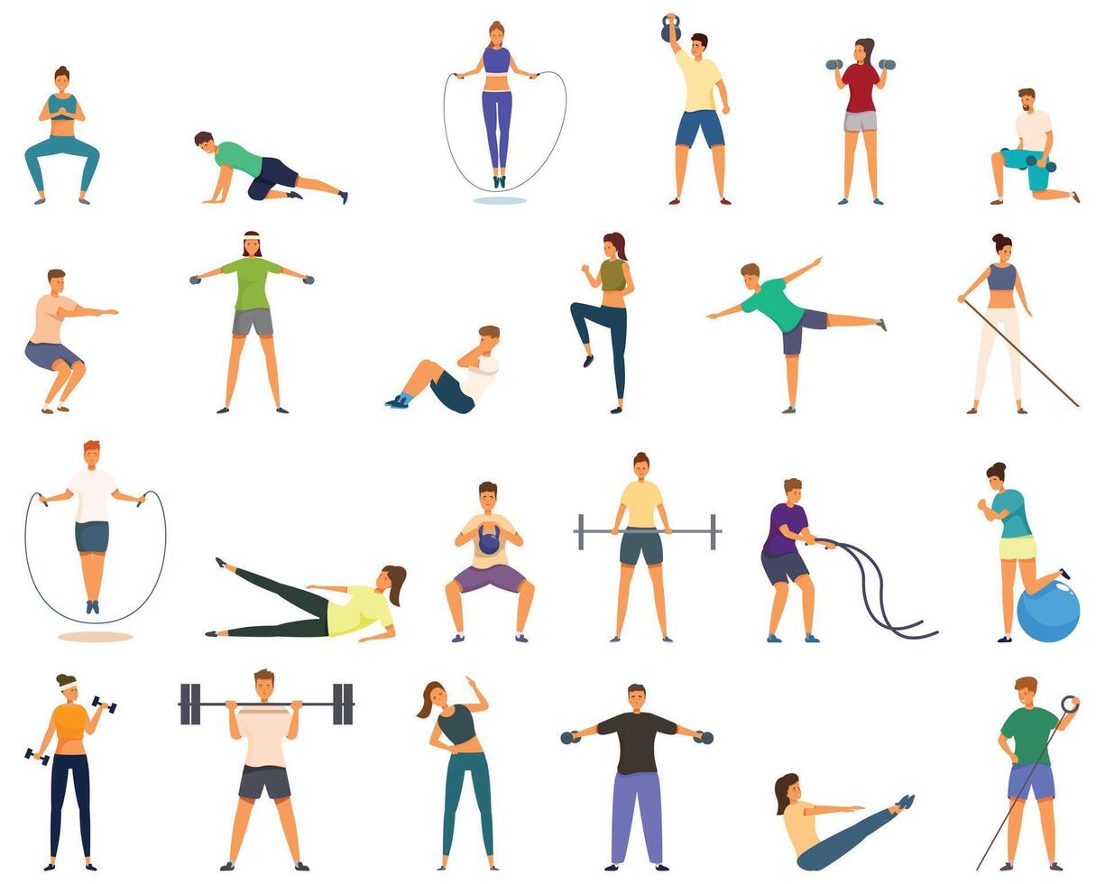 Fat burning workout icons set cartoon vector. Jump exercise vector