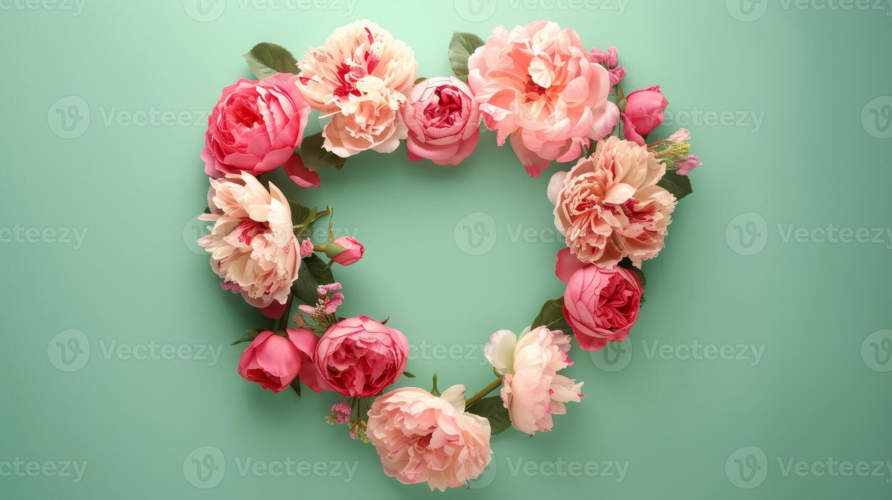 AI generated Wreath frame in the shape of a heart of pink roses and peony flowers isolated on a pastel green background with copy space photo