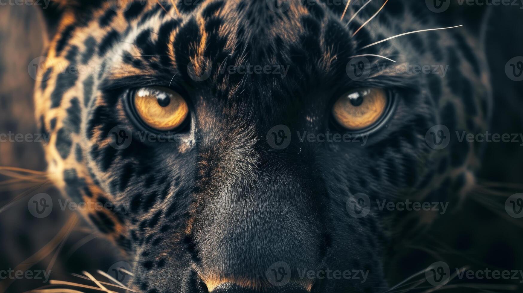 AI generated A detailed view of a black leopard's face. This image can be used to showcase the stunning beauty and unique features of this majestic big cat photo