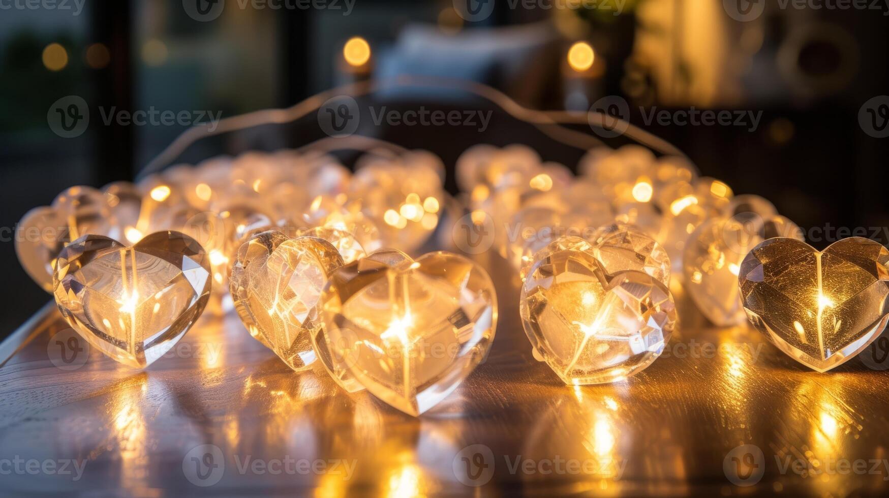 AI generated A group of crystal heart-shaped lights on a table. Perfect for adding a romantic touch to any setting photo