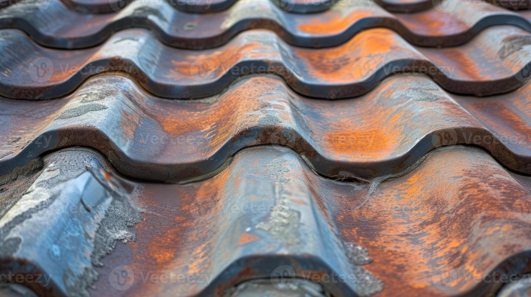 AI generated A detailed view of a tiled roof with rust. Suitable for architectural, construction, or home improvement themes photo