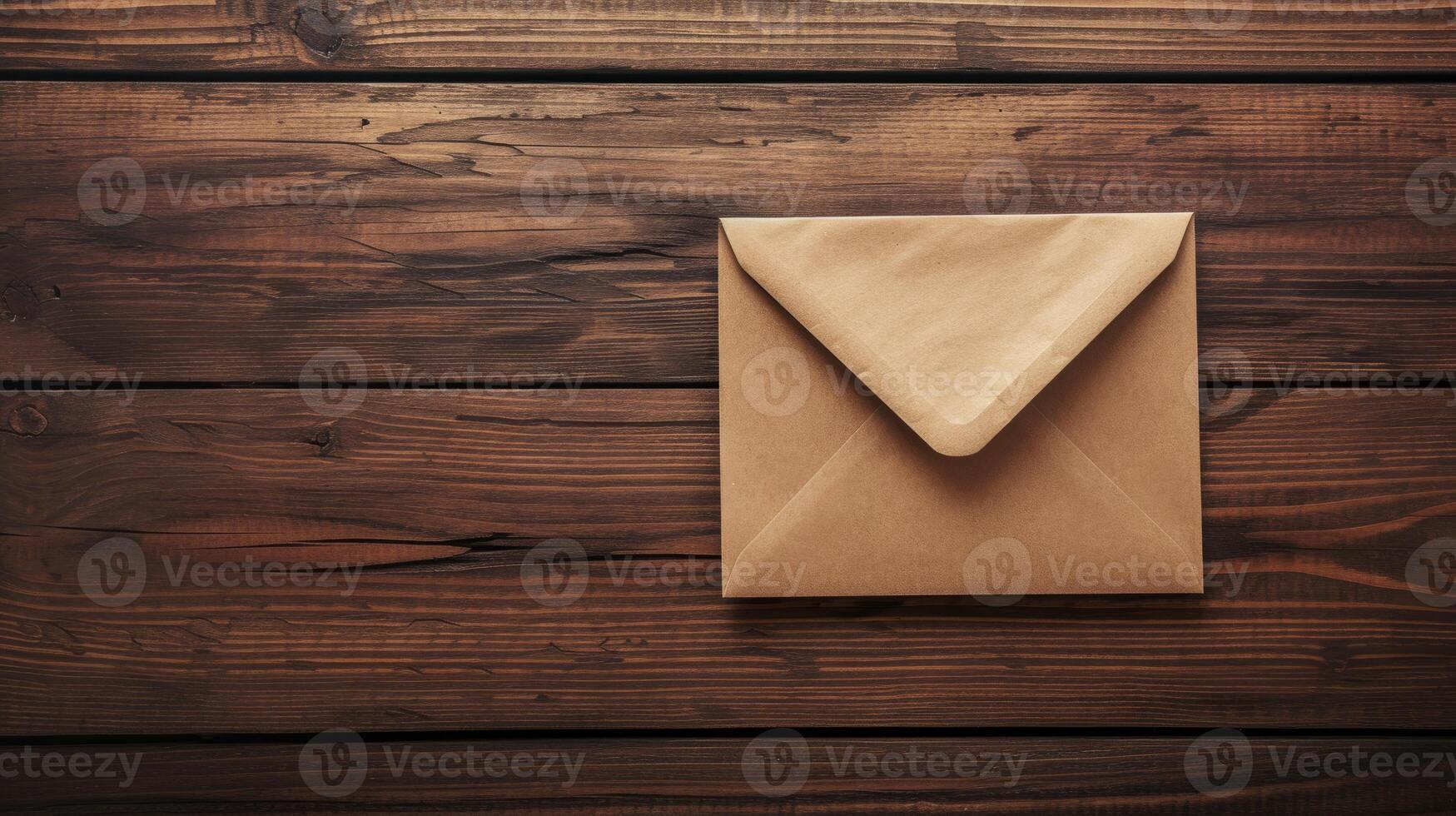 AI generated A brown envelope sitting on top of a wooden table. Suitable for business, office, or communication concepts photo