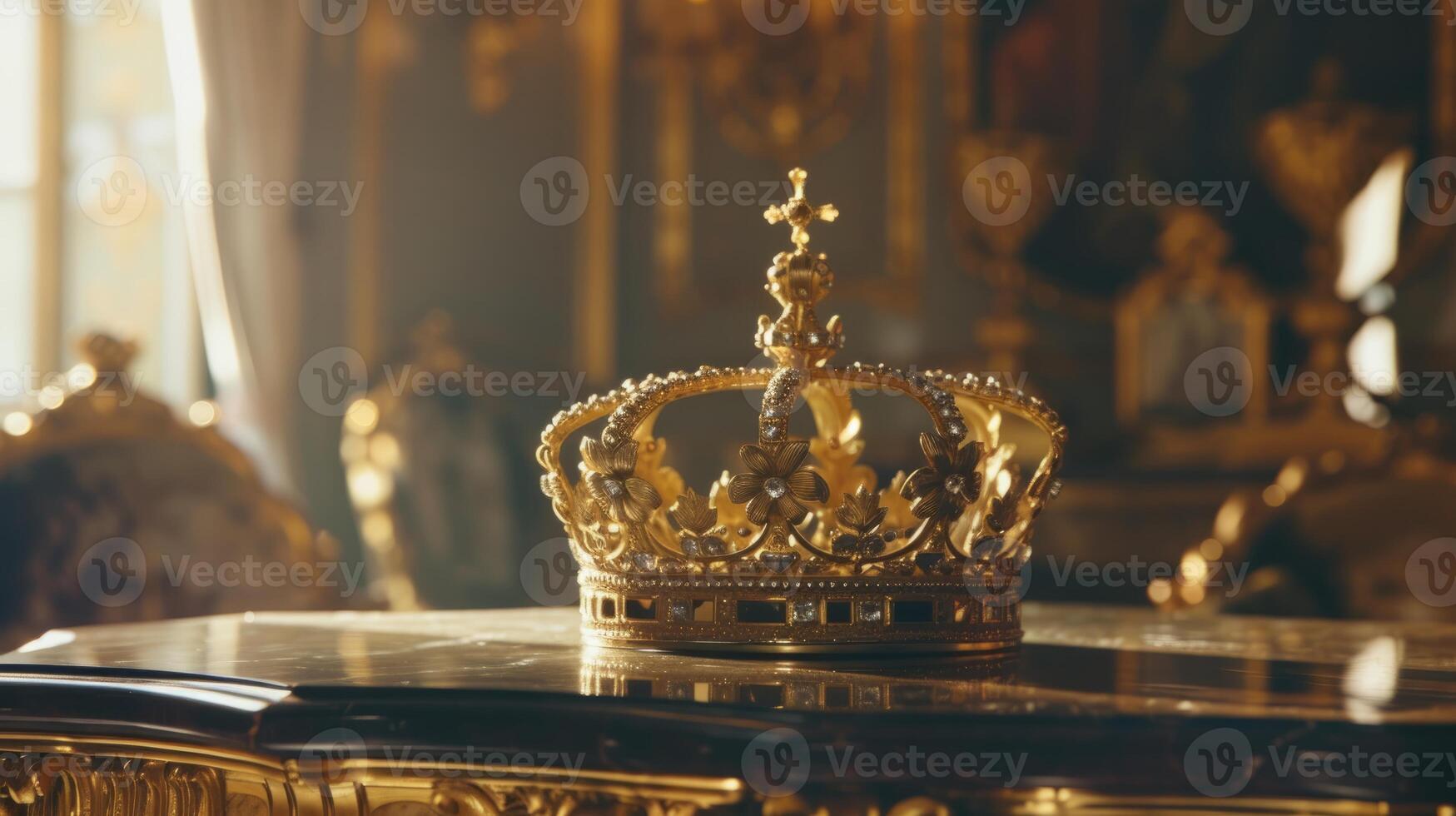 AI generated A gold crown sitting on top of a table. Perfect for royalty-themed designs or concepts photo