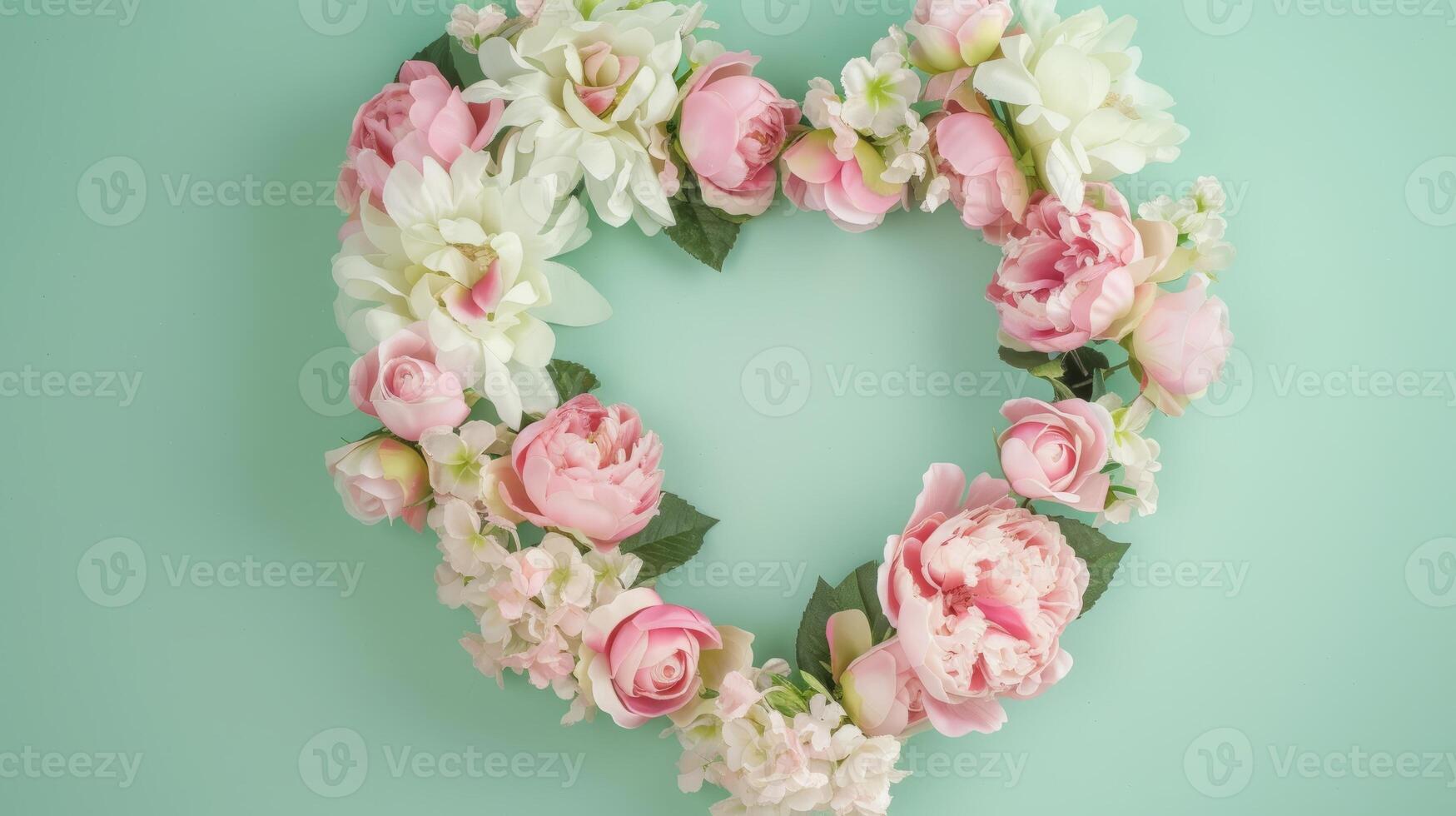 AI generated Wreath frame in the shape of a heart of pink roses and peony flowers isolated on a pastel green background with copy space photo