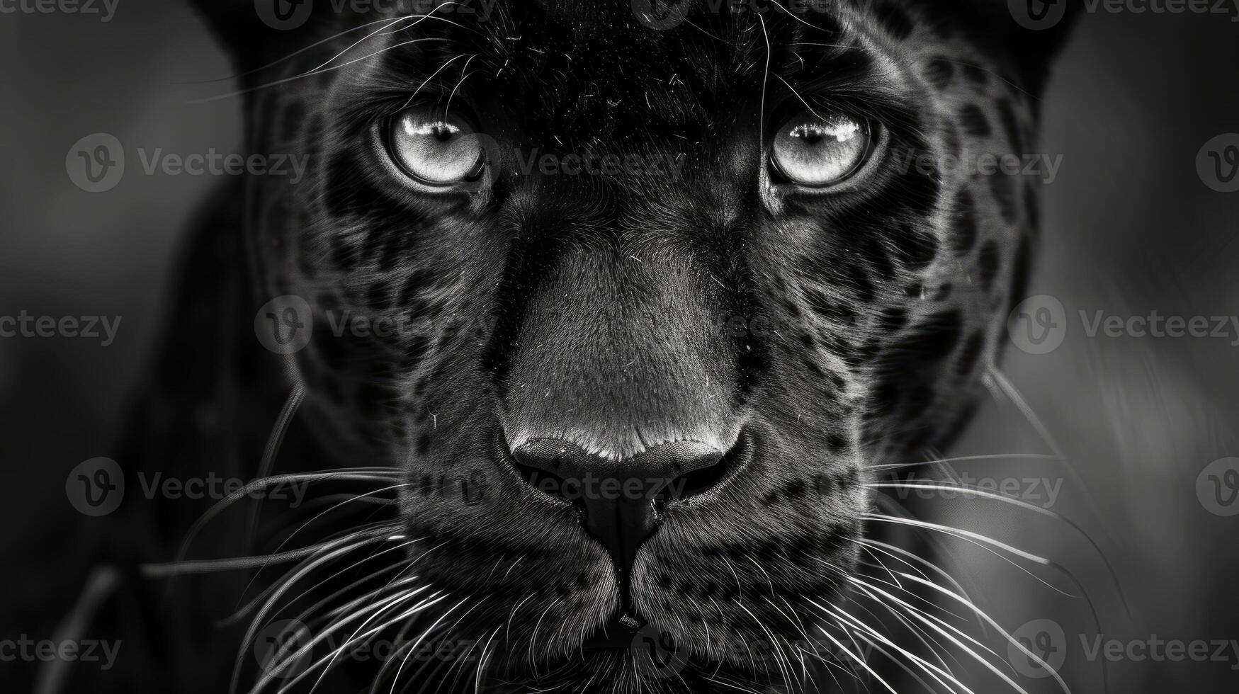 AI generated A detailed view of a black leopard's face. This image can be used to showcase the stunning beauty and unique features of this majestic big cat photo