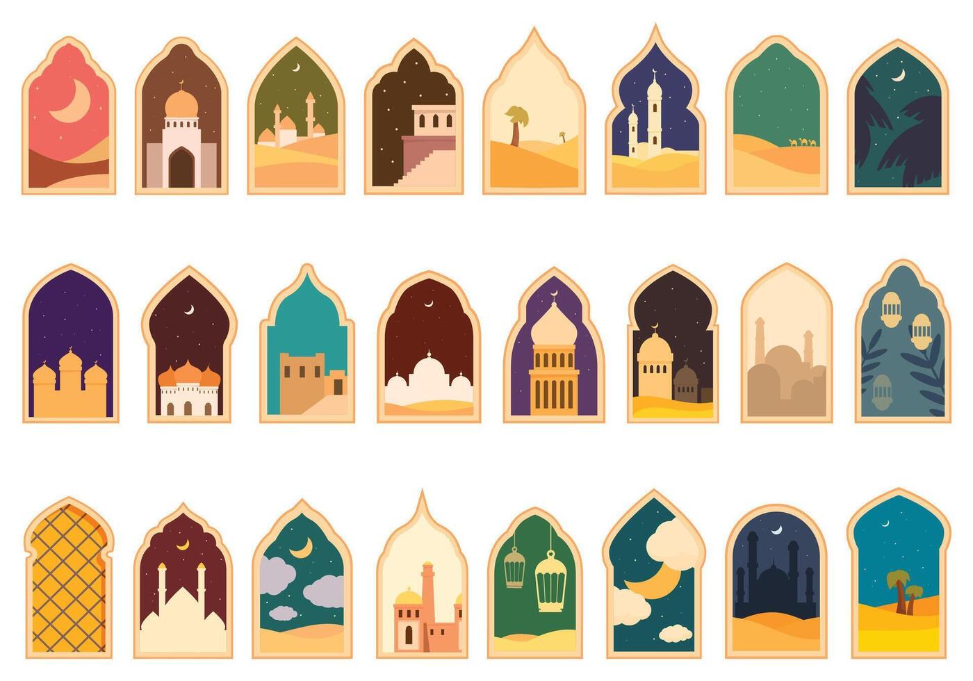 Arch window mosque muslim building icons set cartoon vector. Islamic shape vector