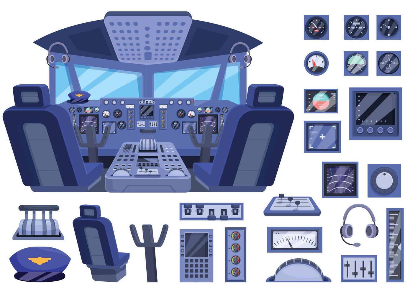 Airplane cockpit icons set cartoon vector. Control panel vector