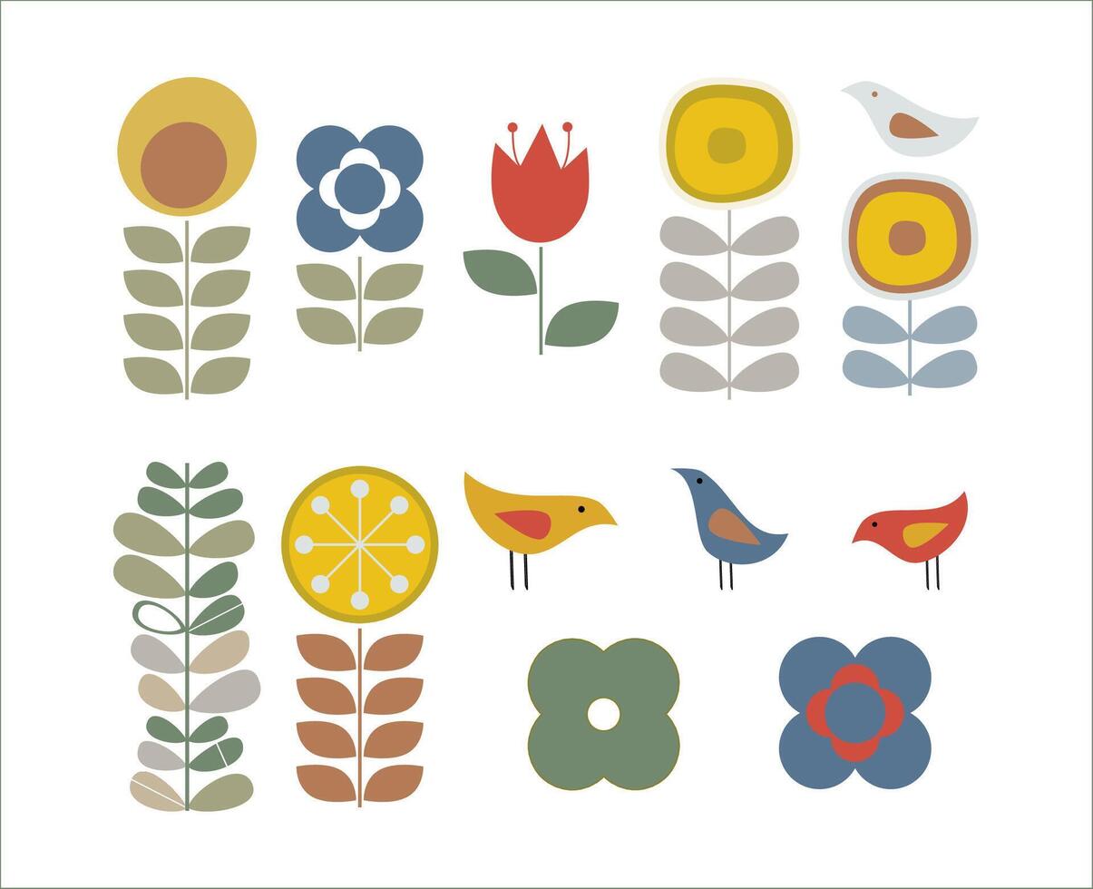 Scandinavian Folk Design Elements Vector Dandelion Tulip Flower Bird Icon Sheet Nordic Mid Century Modern Retro Vintage Style