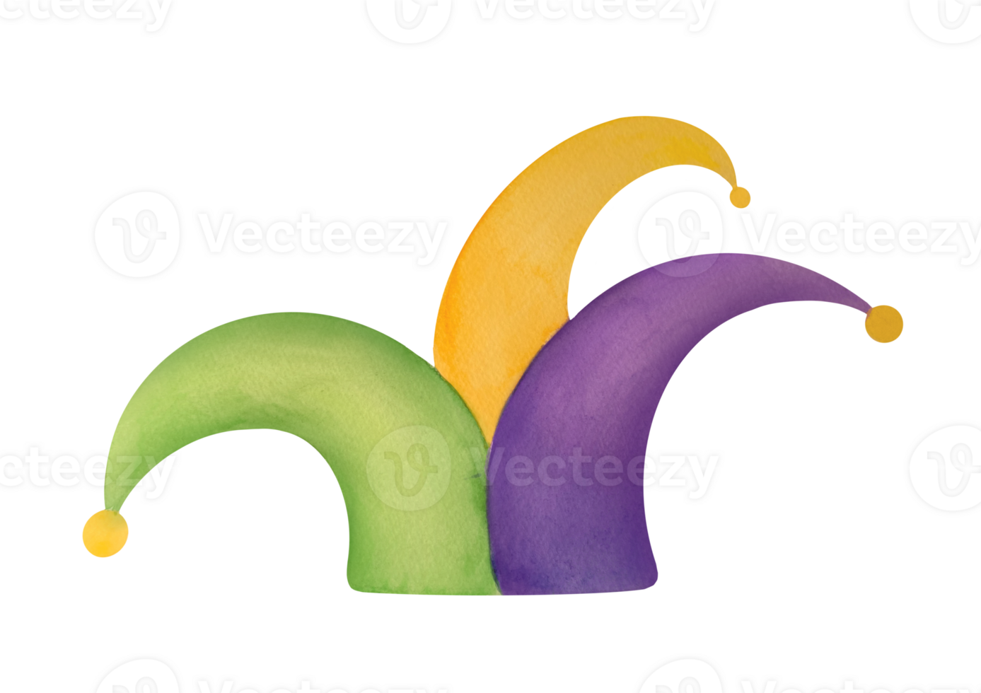 jester's hat in yellow, purple, green colors for Mardi Gras holiday. watercolor festive illustration isolated on transparent background. clip art and cut out fancy dress element png