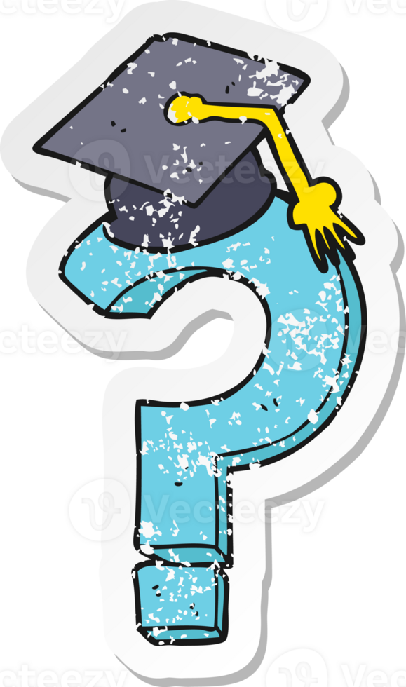 retro distressed sticker of a cartoon graduation cap on question mark png