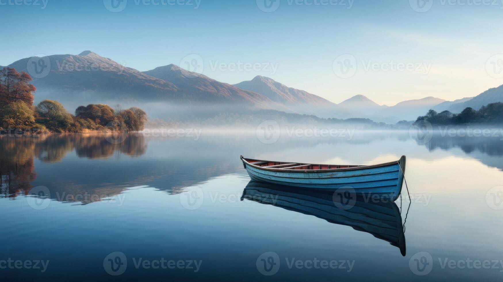 AI generated Serene Lake View with Rowboat at Dawn photo