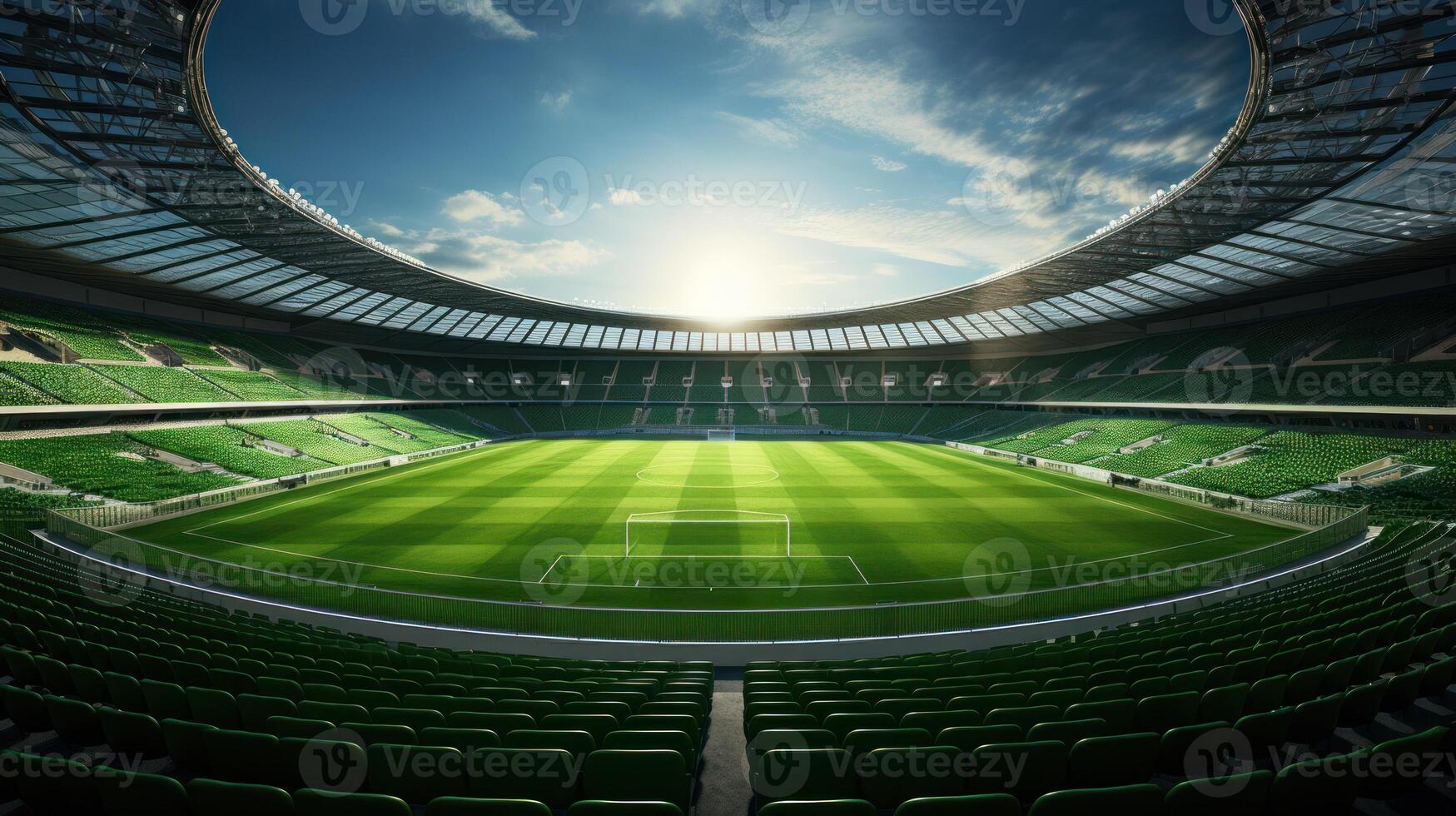 AI generated Sunlit Modern Stadium with Green Soccer Field photo
