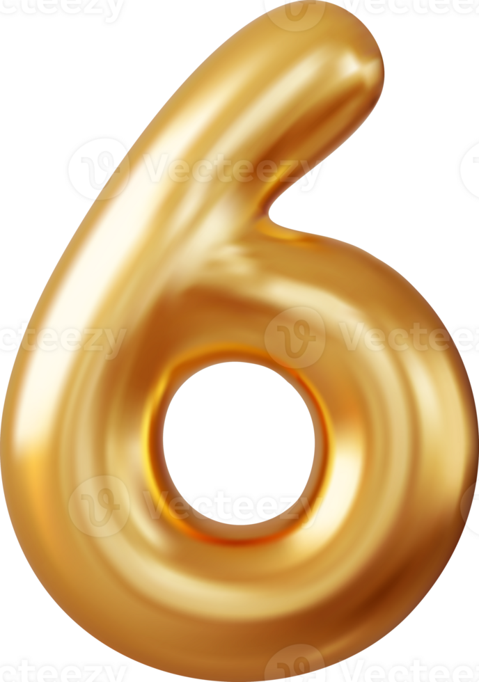 3d Number 6. six Number sign gold color. png