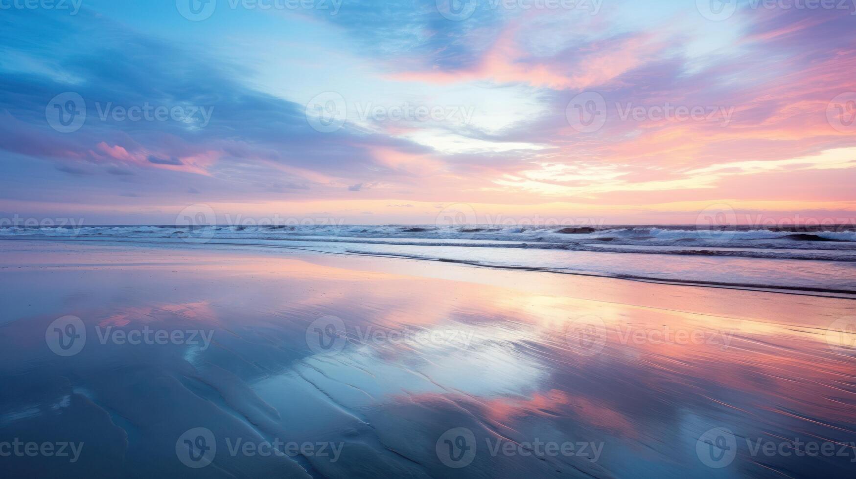AI generated Coastal Serenity at Dawn with Reflective Shoreline photo