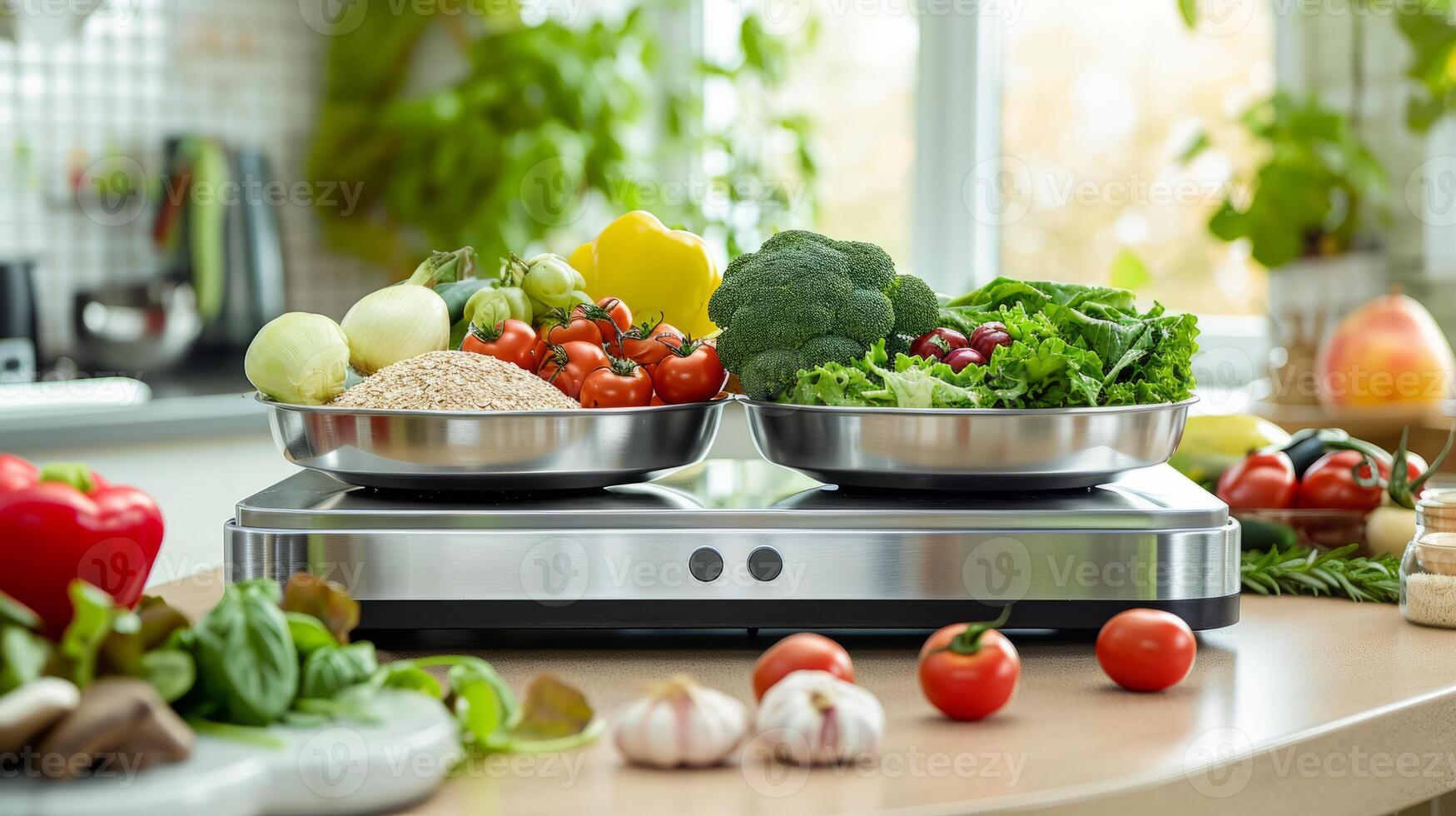 AI generated Fresh Vegetables and Grains on Kitchen Scale in Sunlit Home photo