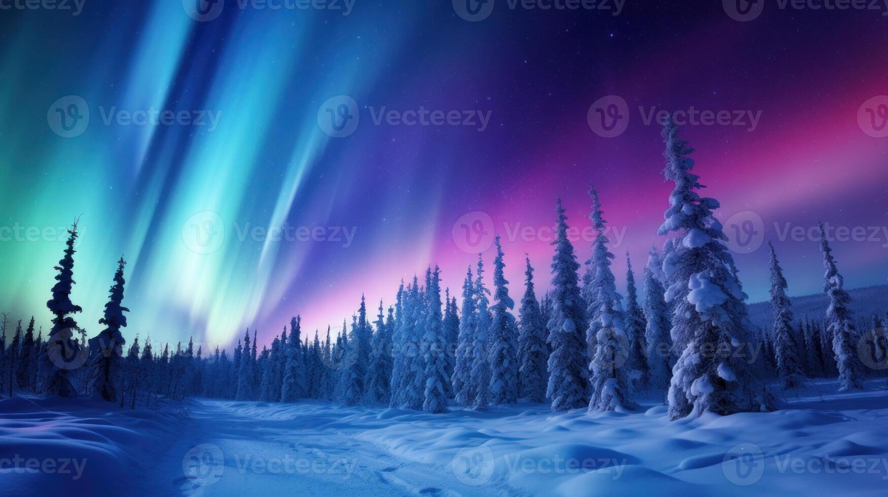 AI generated Arctic Lights - Aurora Borealis Over Snowy Forest photo