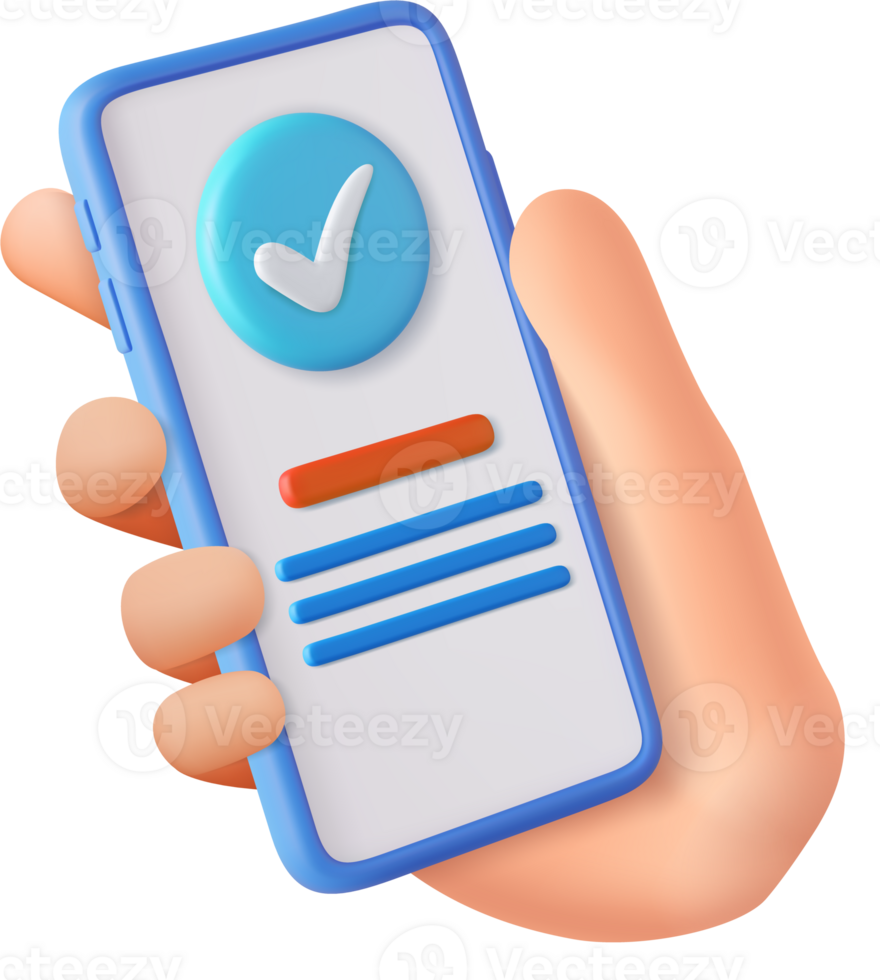 3D Hand holding mobile phone with check mark png