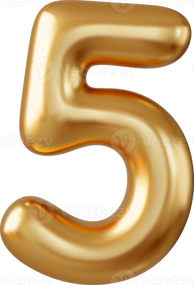 3d Number 5. five Number sign gold color. png