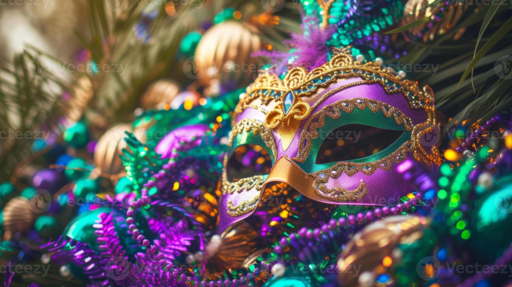 AI generated Colorful Mardi Gras beads and mask on festive carnival background photo