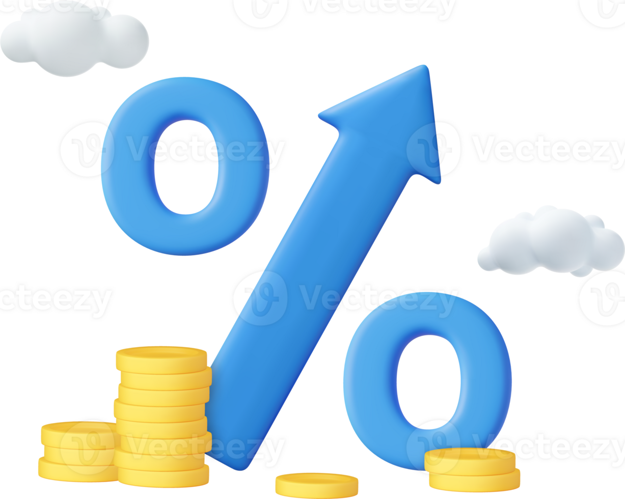 3D blue arrow percent with stack coin. png