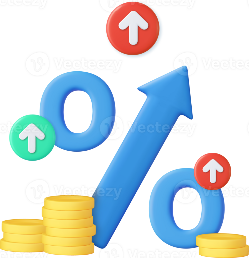 3D blue arrow percent with stack coin. png