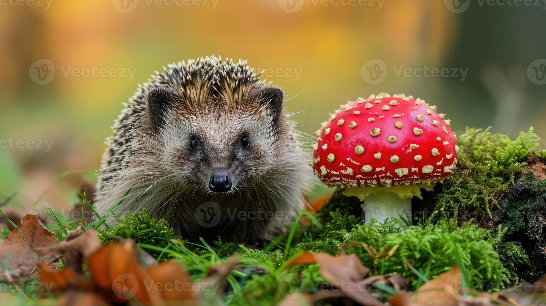 AI generated Hedgehog, native, European hedgehog with red Fly Agaric toadstool, and green moss. Facing forward. Autumn or fall. Close up. Horizontal. Space for copy photo