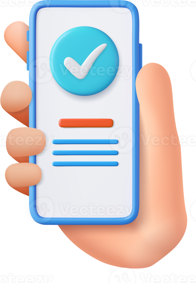 3D Hand holding mobile phone with check mark png